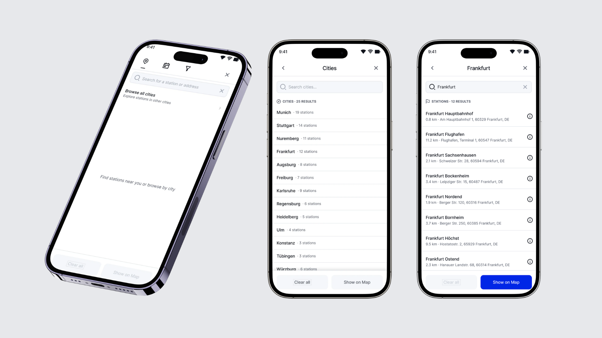 Three phone screens showing station search flow from city browse to Frankfurt station list
