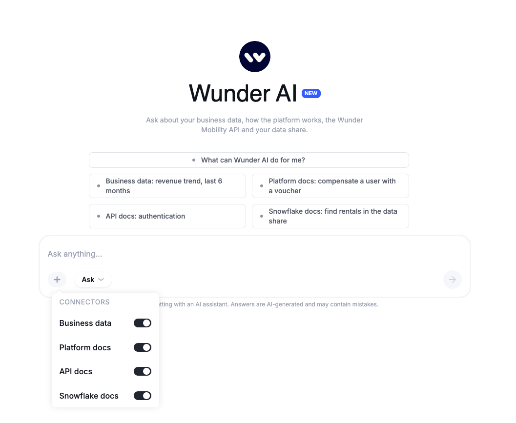 Wunder AI home screen with connectors menu open