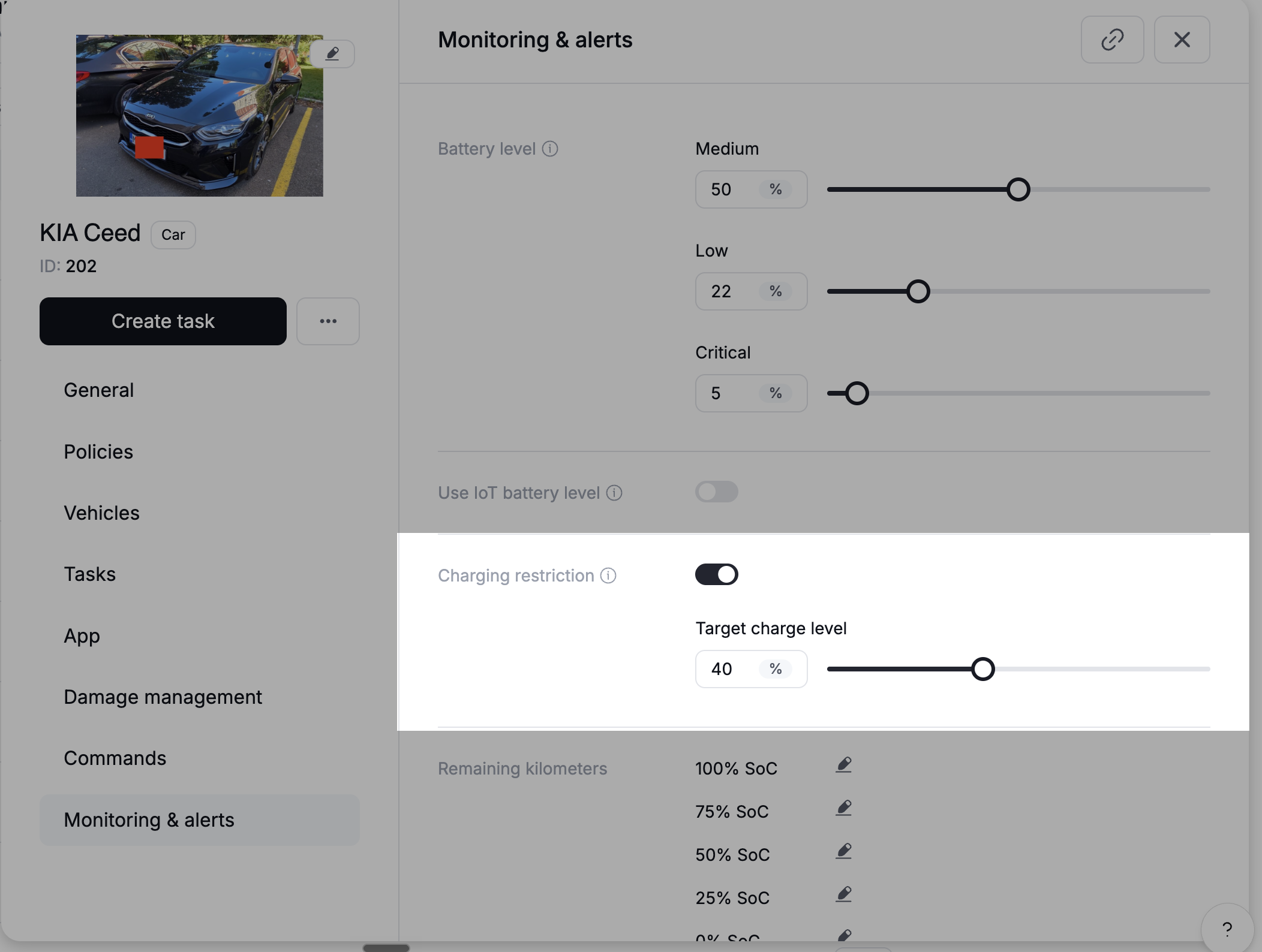 Monitoring & alerts panel for a KIA Ceed with the Charging restriction toggle on and target charge level at 40%